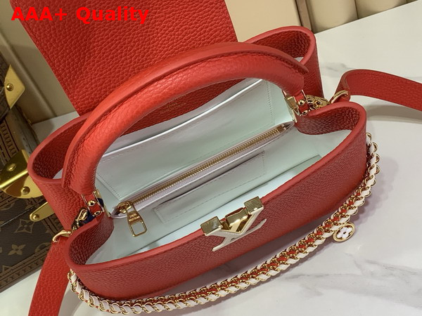 Louis Vuitton Capucines BB in Rouge Orange Taurillon Leather with Hand Braided Chain Replica