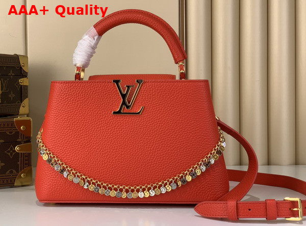 Louis Vuitton Capucines BB in Sari Red Taurillon Leather Adorned with a Charm Embellished Chain Replica