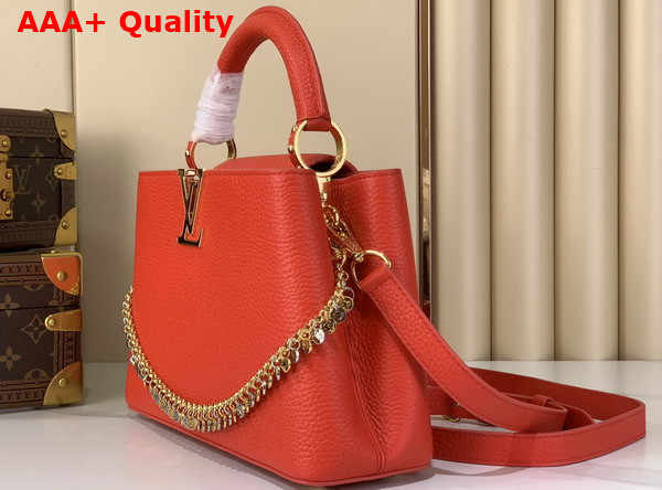 Louis Vuitton Capucines BB in Sari Red Taurillon Leather Adorned with a Charm Embellished Chain Replica