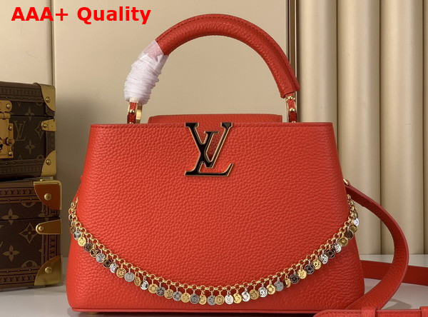 Louis Vuitton Capucines BB in Sari Red Taurillon Leather Adorned with a Charm Embellished Chain Replica