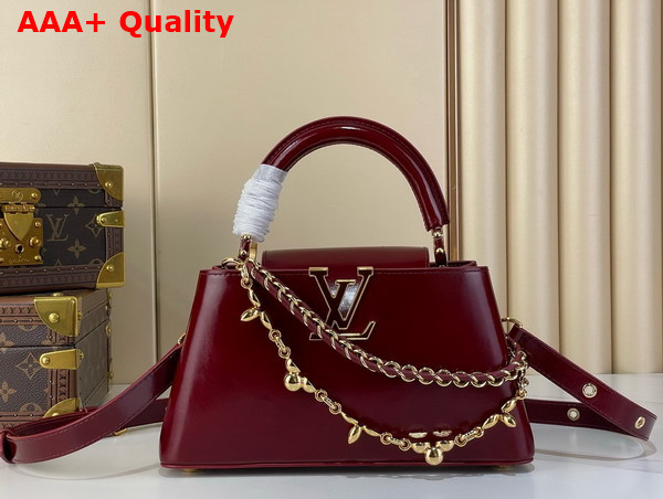 Louis Vuitton Capucines East West BB Grenat Red Cowhide Leather Elevated with Gold Toned LV Initials Replica
