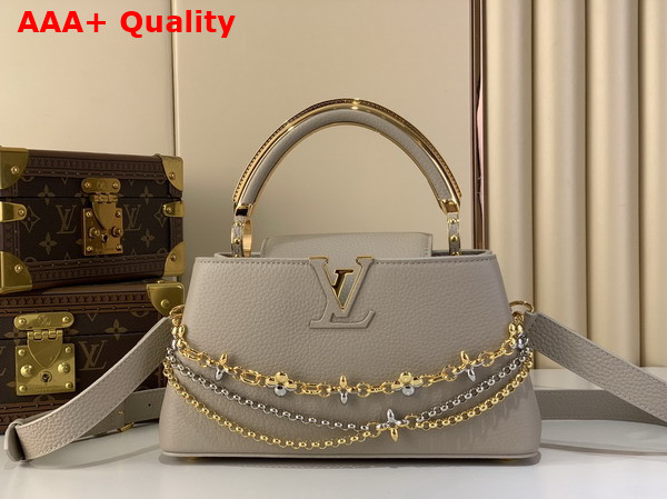 Louis Vuitton Capucines East West BB Handbag in Galet Gray Taurillon Leather with Metallic Handle Replica