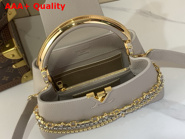 Louis Vuitton Capucines East West BB Handbag in Galet Gray Taurillon Leather with Metallic Handle Replica