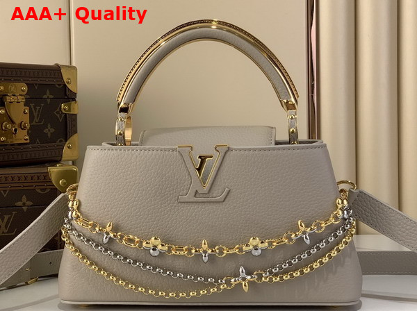 Louis Vuitton Capucines East West BB Handbag in Galet Gray Taurillon Leather with Metallic Handle Replica