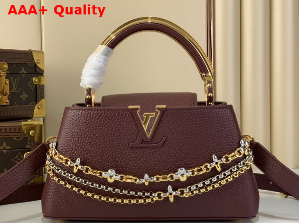 Louis Vuitton Capucines East West BB Handbag in Wine Red Taurillon Leather with Metallic Handle Replica