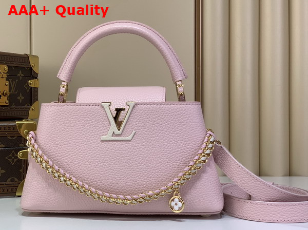Louis Vuitton Capucines East West BB in Light Bliss Taurillon Leather with an Elevated Interlaced Chain Replica