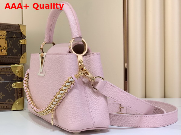 Louis Vuitton Capucines East West BB in Light Bliss Taurillon Leather with an Elevated Interlaced Chain Replica