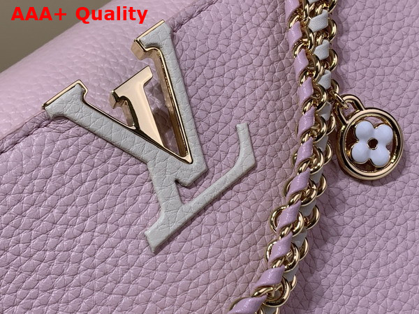 Louis Vuitton Capucines East West BB in Light Bliss Taurillon Leather with an Elevated Interlaced Chain Replica