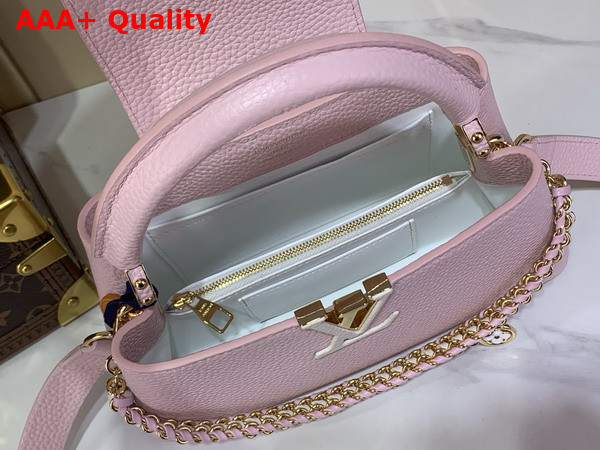 Louis Vuitton Capucines East West BB in Light Bliss Taurillon Leather with an Elevated Interlaced Chain Replica