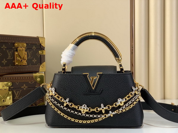 Louis Vuitton Capucines East West Mini Handbag in Black Taurillon Leather with Metallic Handle Replica