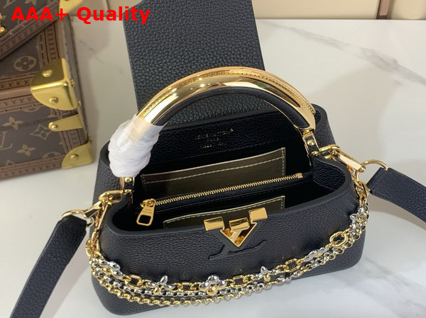 Louis Vuitton Capucines East West Mini Handbag in Black Taurillon Leather with Metallic Handle Replica