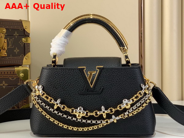 Louis Vuitton Capucines East West Mini Handbag in Black Taurillon Leather with Metallic Handle Replica