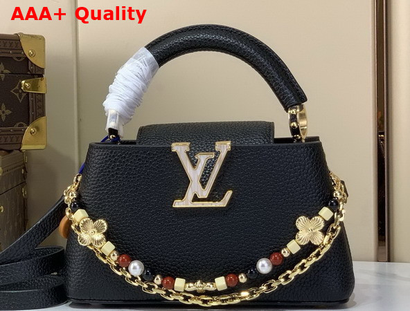 Louis Vuitton Capucines East West Mini Handbag in Black Taurillon Leather with Two Decorative Chains M29443 Replica