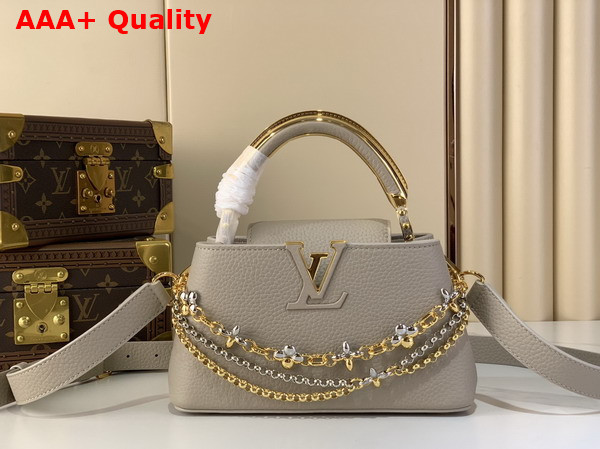 Louis Vuitton Capucines East West Mini Handbag in Galet Gray Taurillon Leather with Metallic Handle Replica