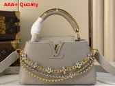 Louis Vuitton Capucines East West Mini Handbag in Galet Gray Taurillon Leather with Metallic Handle Replica