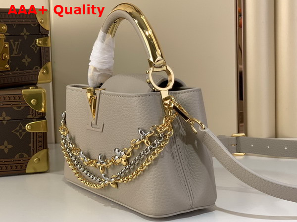 Louis Vuitton Capucines East West Mini Handbag in Galet Gray Taurillon Leather with Metallic Handle Replica