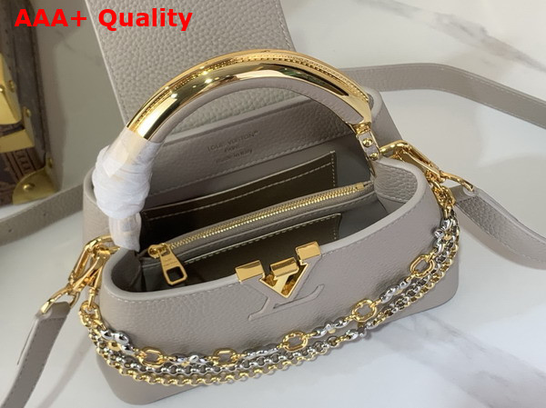 Louis Vuitton Capucines East West Mini Handbag in Galet Gray Taurillon Leather with Metallic Handle Replica