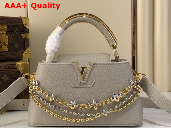Louis Vuitton Capucines East West Mini Handbag in Galet Gray Taurillon Leather with Metallic Handle Replica