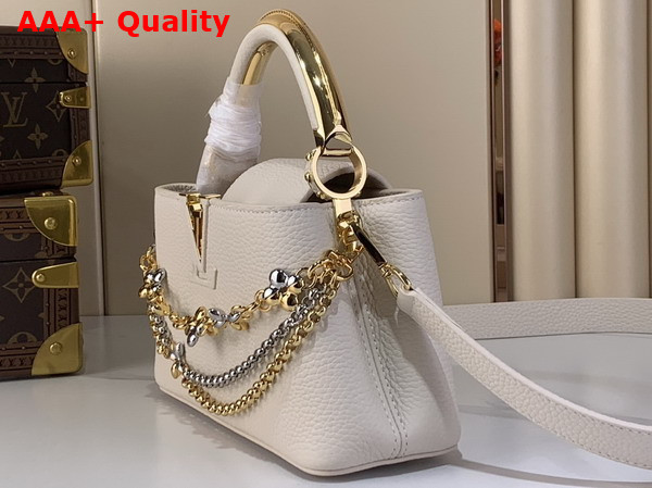 Louis Vuitton Capucines East West Mini Handbag in Vanilla Taurillon Leather with Metallic Handle M26345 Replica