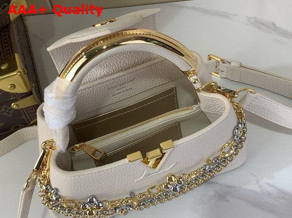 Louis Vuitton Capucines East West Mini Handbag in Vanilla Taurillon Leather with Metallic Handle M26345 Replica