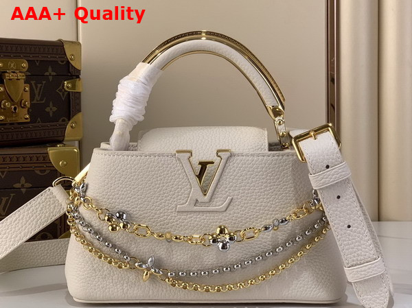 Louis Vuitton Capucines East West Mini Handbag in Vanilla Taurillon Leather with Metallic Handle M26345 Replica