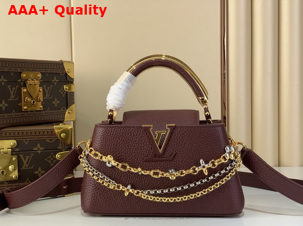 Louis Vuitton Capucines East West Mini Handbag in Wine Red Taurillon Leather with Metallic Handle Replica