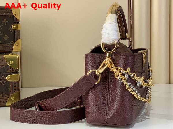 Louis Vuitton Capucines East West Mini Handbag in Wine Red Taurillon Leather with Metallic Handle Replica