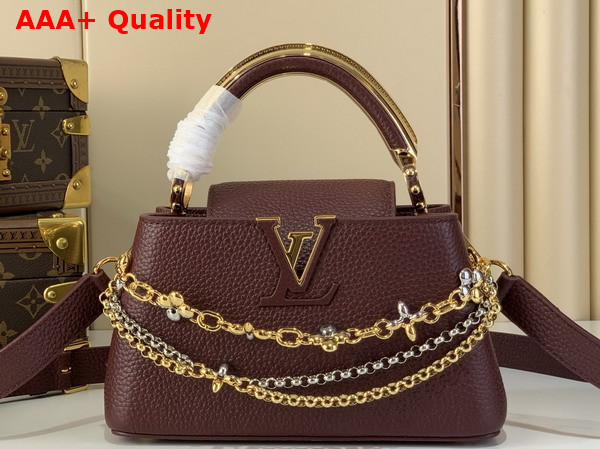 Louis Vuitton Capucines East West Mini Handbag in Wine Red Taurillon Leather with Metallic Handle Replica