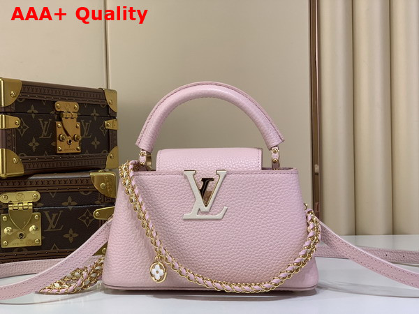 Louis Vuitton Capucines East West Mini with an Elevated Interlaced Chain Light Bliss Taurillon Leather M29498 Replica