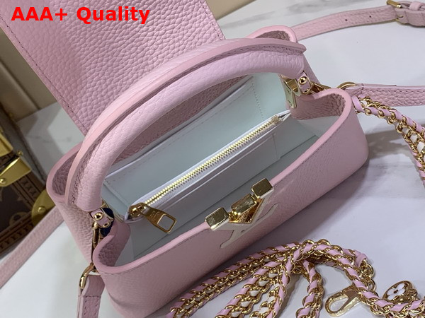 Louis Vuitton Capucines East West Mini with an Elevated Interlaced Chain Light Bliss Taurillon Leather M29498 Replica