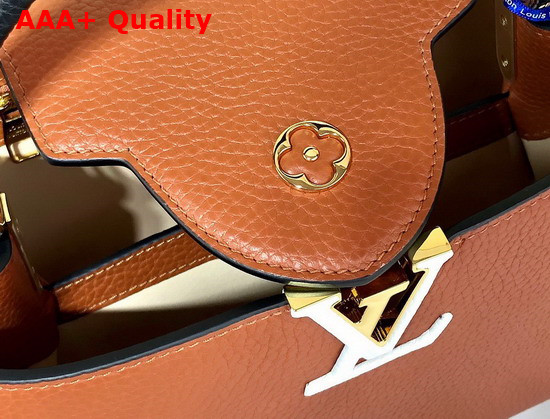 Louis Vuitton Capucines MM Handbag Gold Noir Taurillon Leather and Features a Wide Colorful Strap Replica