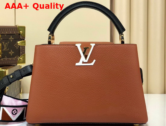 Louis Vuitton Capucines MM Handbag Gold Noir Taurillon Leather and Features a Wide Colorful Strap Replica