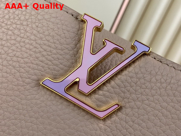 Louis Vuitton Capucines MM Handbag Quartz White Taurillon Leather Gold Color and Multicolor Finish Hardware Replica
