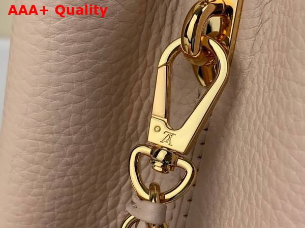 Louis Vuitton Capucines MM Handbag Quartz White Taurillon Leather Gold Color and Multicolor Finish Hardware Replica