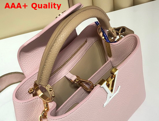 Louis Vuitton Capucines MM Handbag Rose Beige Taurillon Leather and Features a Wide Colorful Strap Replica