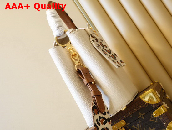 Louis Vuitton Capucines MM Handbag in Cream Taurillon Leather with a Bold Leopard Print Adorning the Flap M58575 Replica