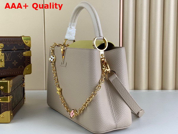 Louis Vuitton Capucines MM Handbag in Galet Gray Taurillon Leather Gold Color Chain Adorned with Colored Monogram Flowers Replica