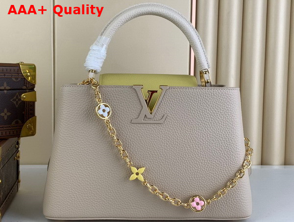 Louis Vuitton Capucines MM Handbag in Galet Gray Taurillon Leather Gold Color Chain Adorned with Colored Monogram Flowers Replica