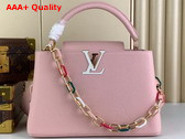 Louis Vuitton Capucines MM Handbag in Jasmine Pink Taurillon Leather with Multicolored Chain Replica