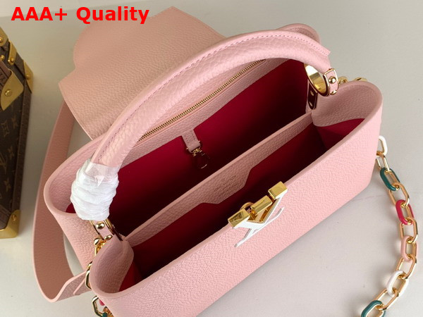 Louis Vuitton Capucines MM Handbag in Jasmine Pink Taurillon Leather with Multicolored Chain Replica