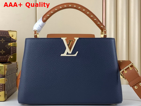 Louis Vuitton Capucines MM Handbag in Navy Blue and Cognac Taurillon Leather Replica