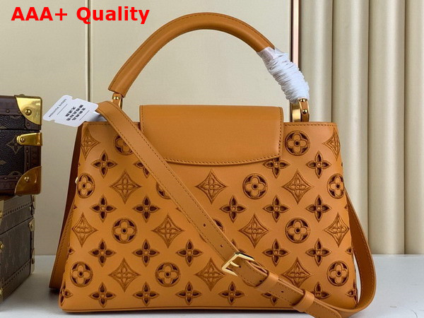 Louis Vuitton Capucines MM Handbag in Saffron Yellow Calfskin Perforated with the Monogram Pattern Replica