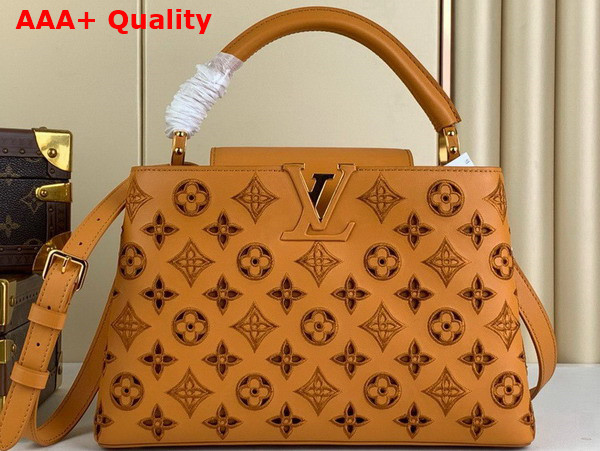 Louis Vuitton Capucines MM Handbag in Saffron Yellow Calfskin Perforated with the Monogram Pattern Replica