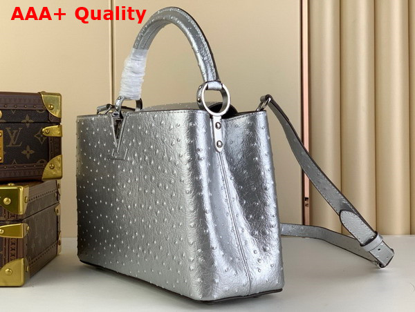 Louis Vuitton Capucines MM Handbag in Silver Ostrich Replica