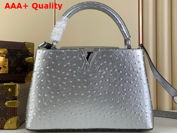 Louis Vuitton Capucines MM Handbag in Silver Ostrich Replica