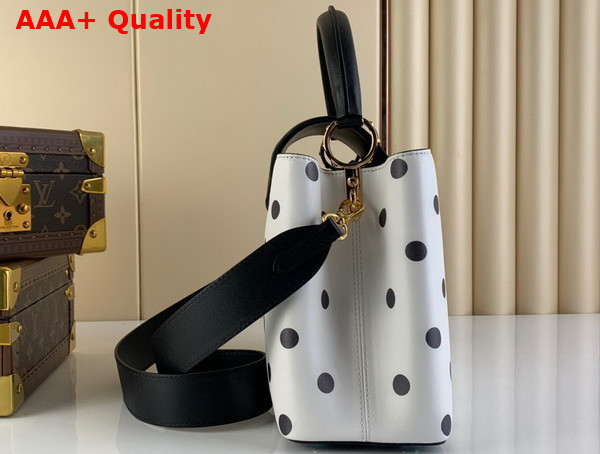 Louis Vuitton Capucines MM Handbag in White Calfskin with a Graphic Pattern of Black Polka Dots Replica