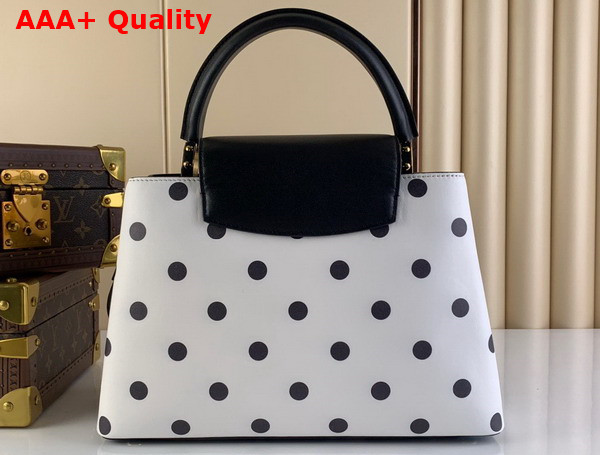 Louis Vuitton Capucines MM Handbag in White Calfskin with a Graphic Pattern of Black Polka Dots Replica