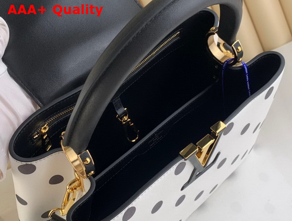 Louis Vuitton Capucines MM Handbag in White Calfskin with a Graphic Pattern of Black Polka Dots Replica