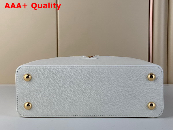 Louis Vuitton Capucines MM Handbag in White Taurillon Leather Gold Color Chain Adorned with Colored Monogram Flowers Replica