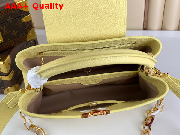Louis Vuitton Capucines MM Handbags in Jaune Plume Yellow Taurillon Leather with Multicolored Chain Replica